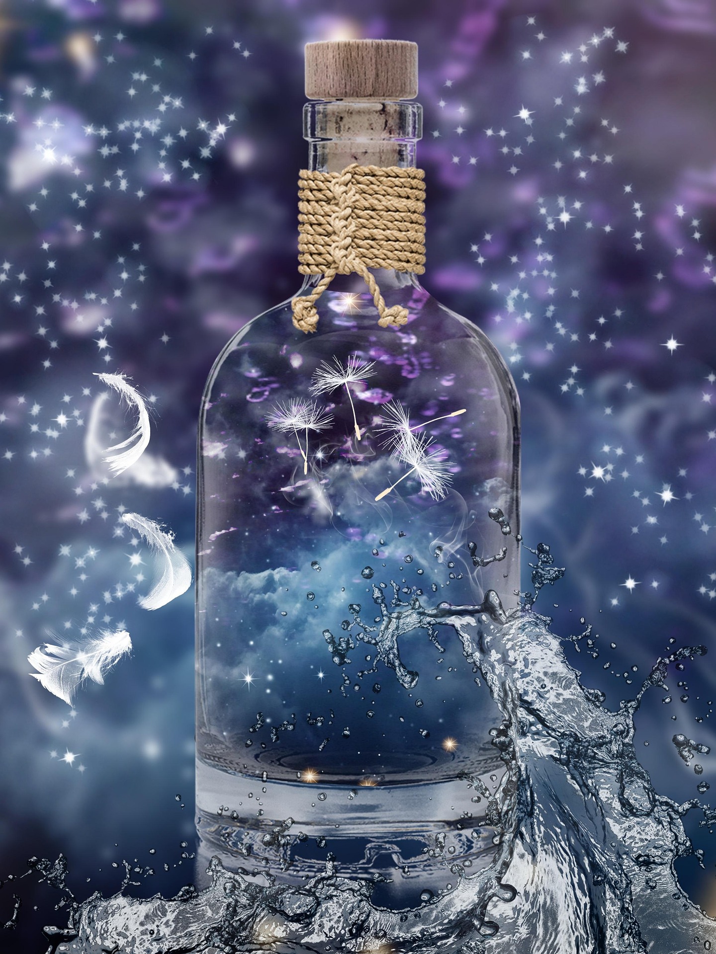 Bouteille en verre magique avec bouchon et ficelle, containing dandelion seeds, eau et éclats lumineux dans un halo violet, aspect mystique et énergétique.