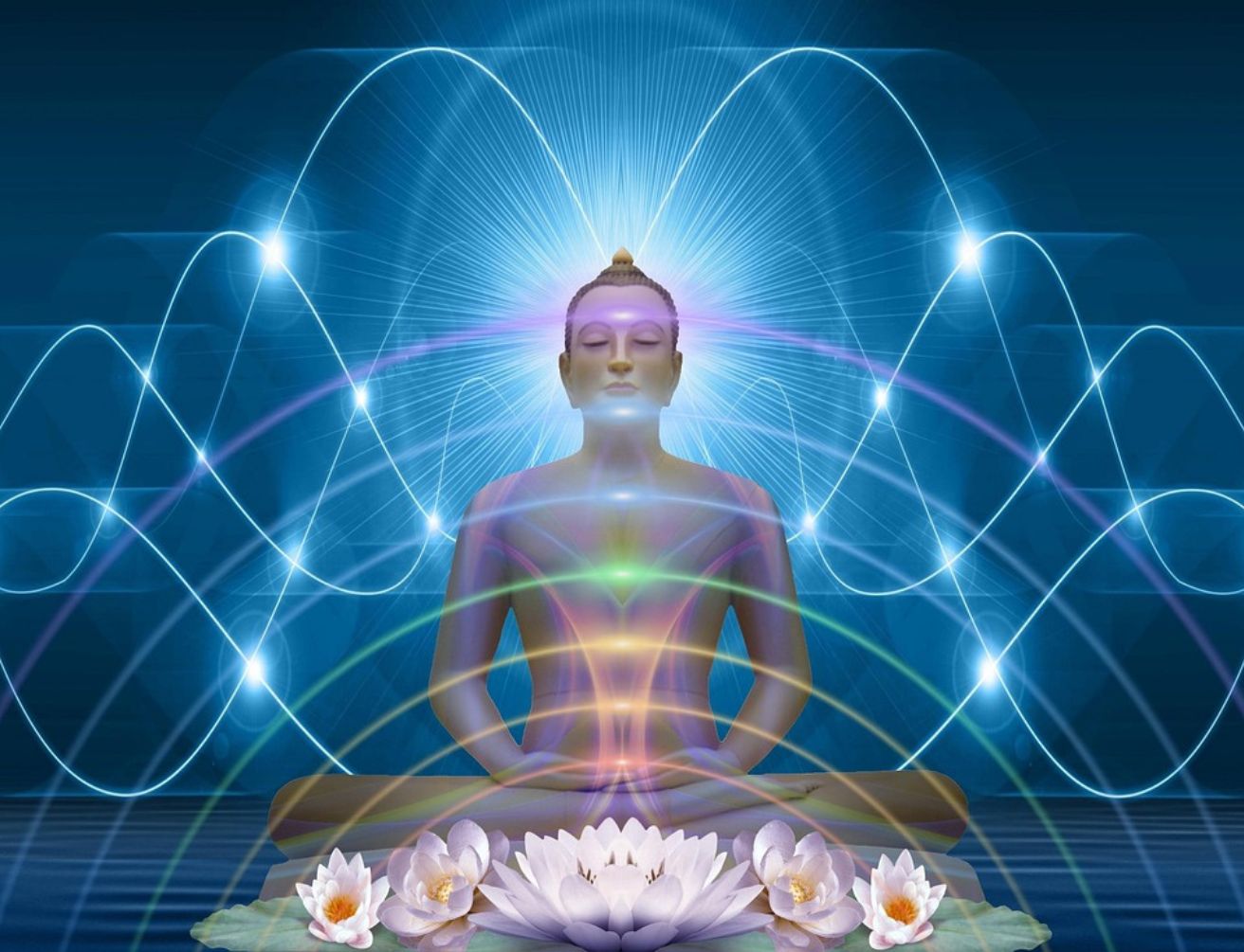Meditation bouddha lumineuse au centre, aura colorée avec ondes énergétiques autour, lotus et fleurs roses en premier plan.