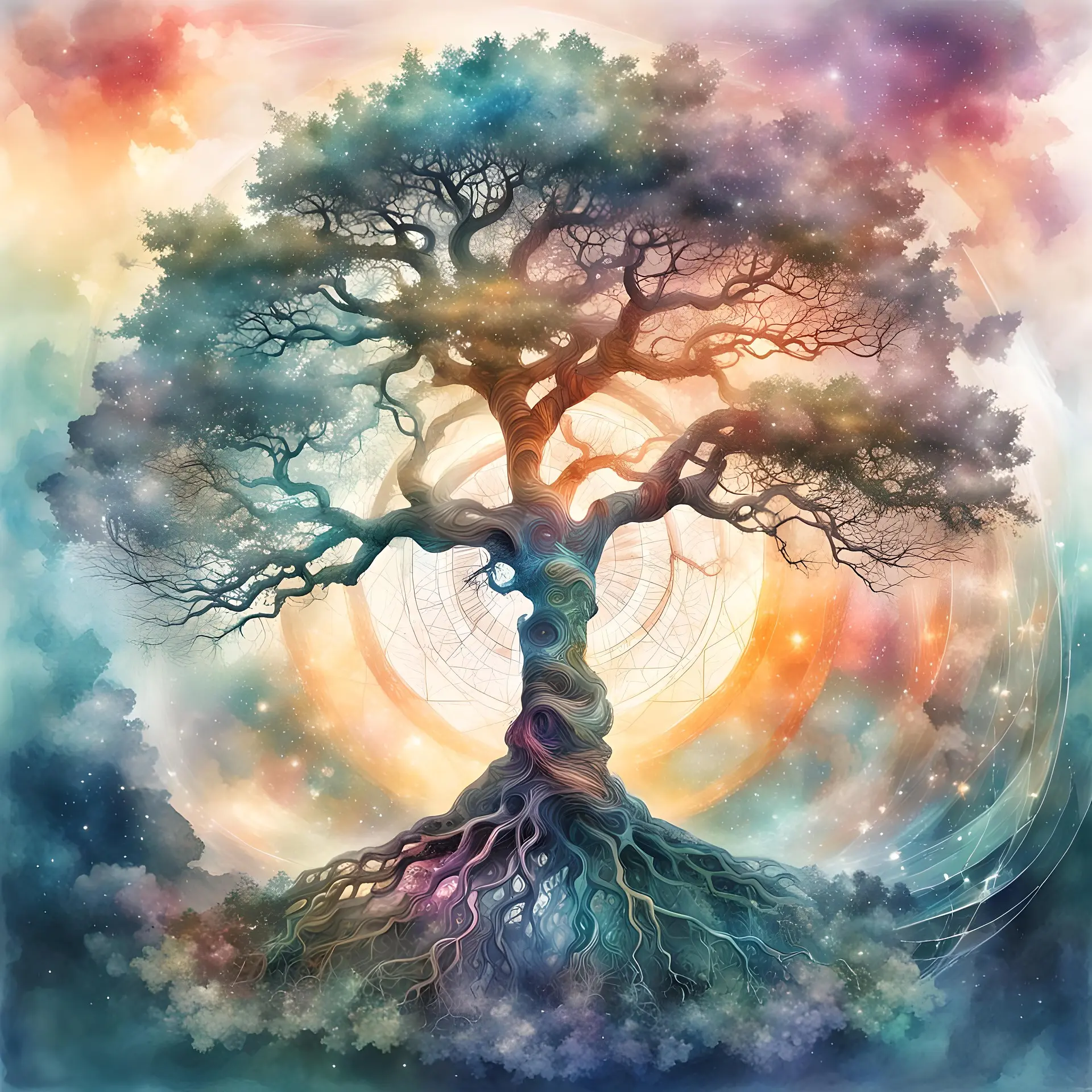 Arbre éthéré aux racines intriquées, coloré et lumineux, entouré d’auréoles multicolores et d’un ciel rêveur.