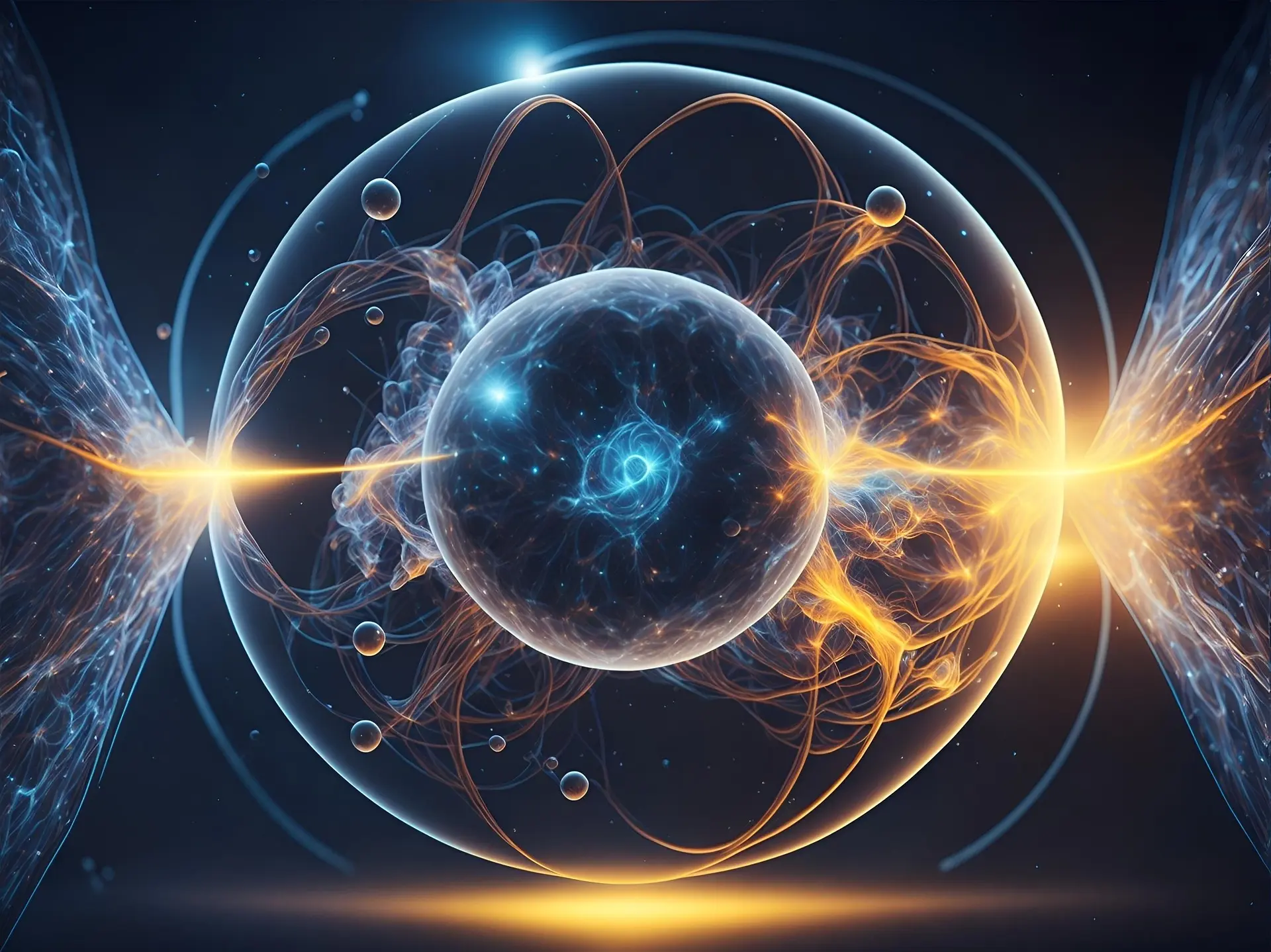 Aura dynamiques et sphères lumineuses autour d’un noyau central, effets lumineux bleus et orangés évoquant une connexion énergétique.