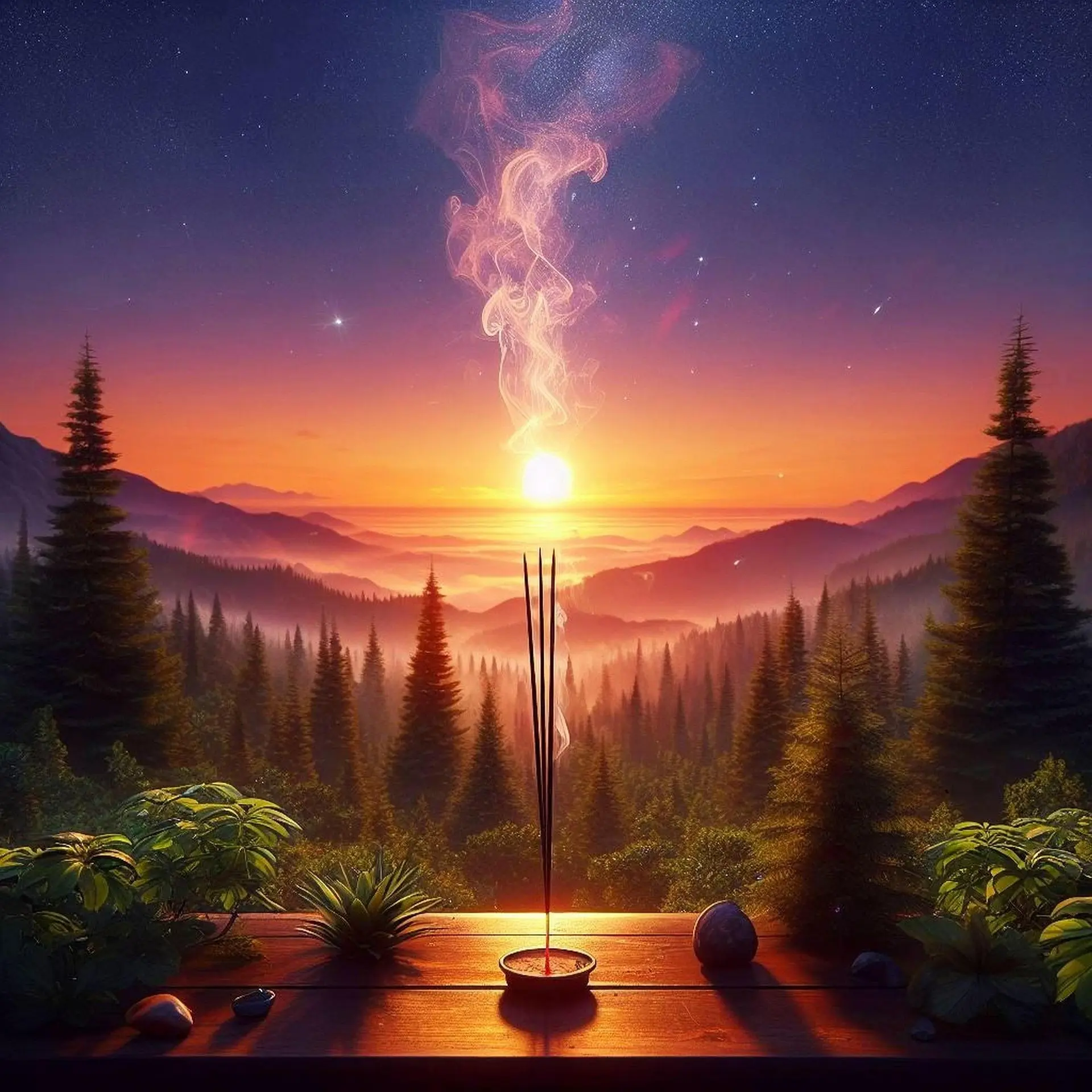 Bougie et encens diffusant de la fumée sur une terrasse en bois avec vue sur montagnes et coucher de soleil, ambiance apaisante et spirituelle.