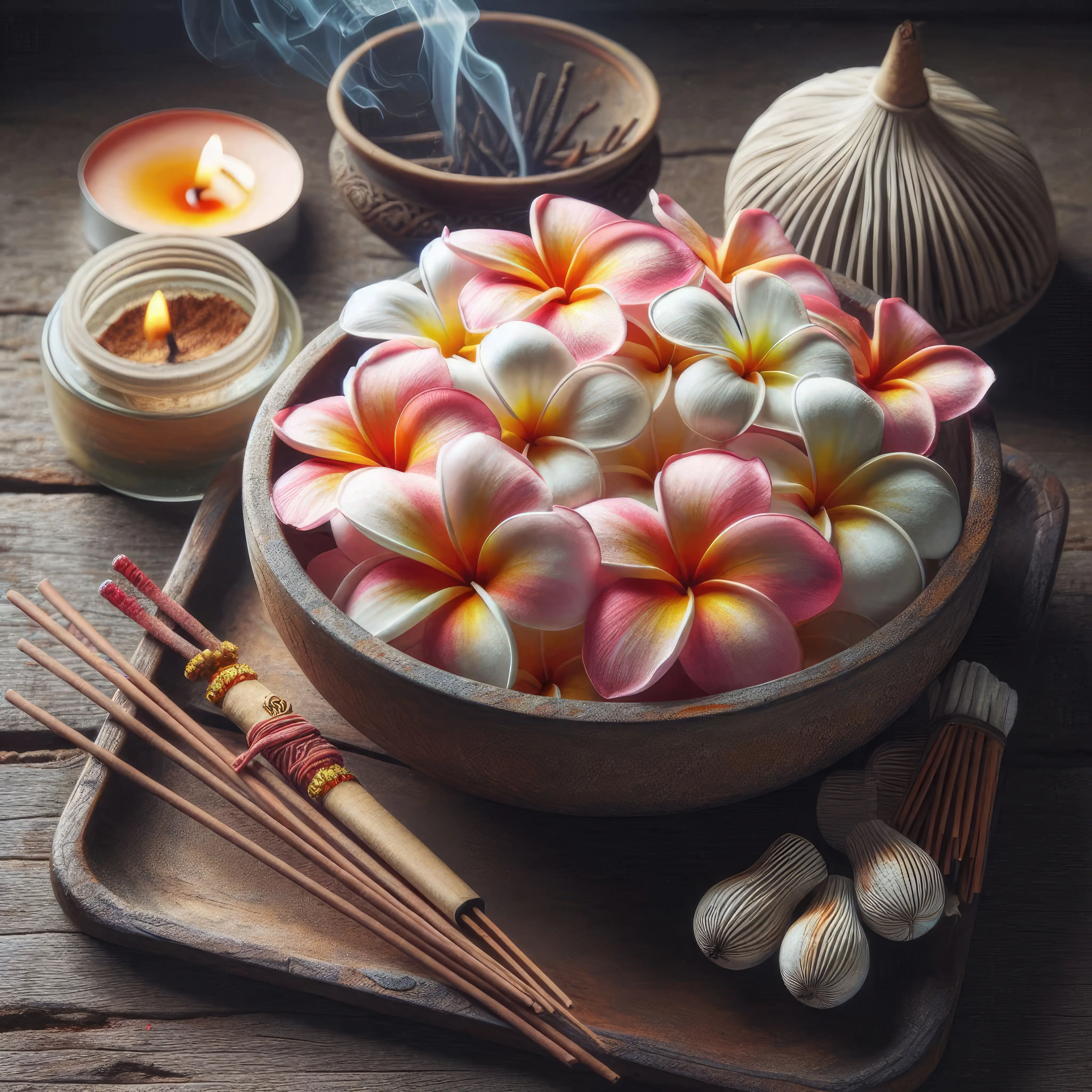 Bouquet de fleurs plumeria colorées dans un bol, accompagné de bougies et d’accessoires zen sur une table en bois.