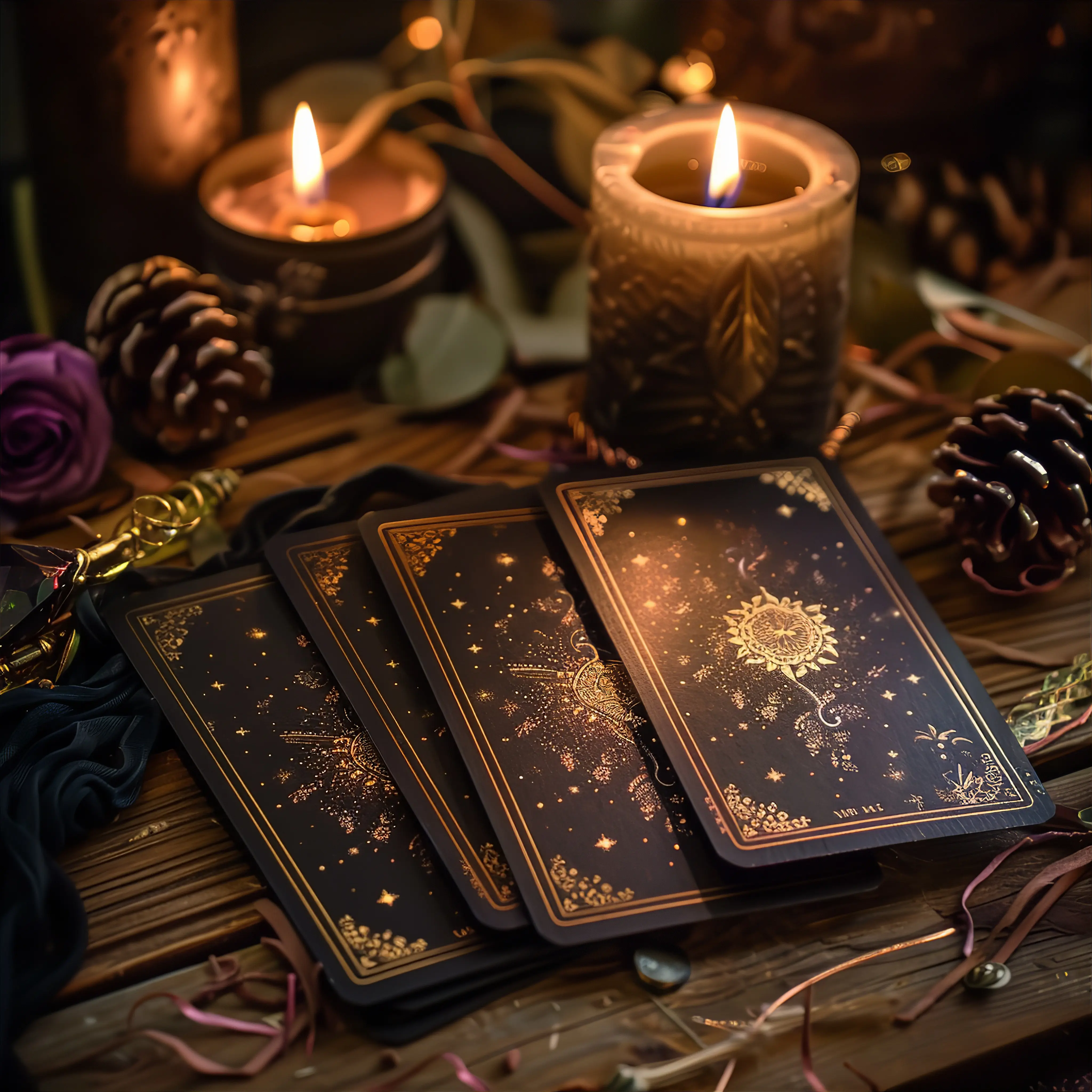 Cartes d’oracle noires et dorées posées sur une surface, entourées de bougies et d’éléments spirituels, ambiance chaleureuse et mystique.
