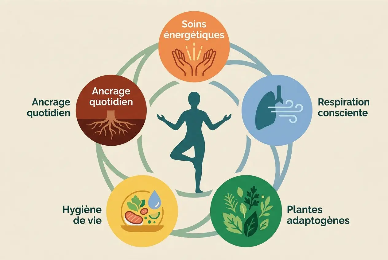 Diagramme illustrant des pratiques de bien-être: respiration consciente, plantes adaptogènes, hygiène de vie, ancrage quotidien et soins énergétiques autour d’une silhouette en posture d’équilibre. Intègre le concept de comment réussir à vaincre les crises d'angoisse naturellement.