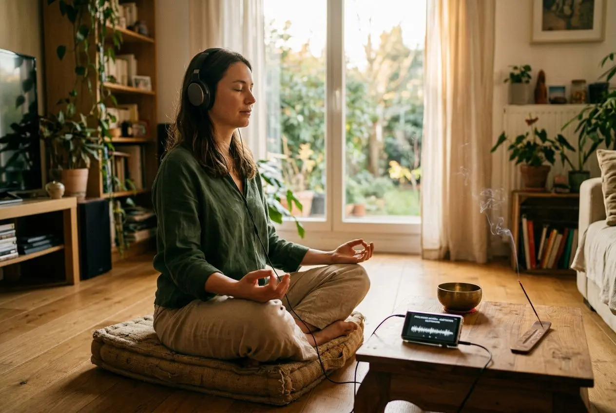 Femme méditant en intérieur avec casque audio, pratique les 7 fréquences sacrées de guérison sur un coussin, vignette zen.