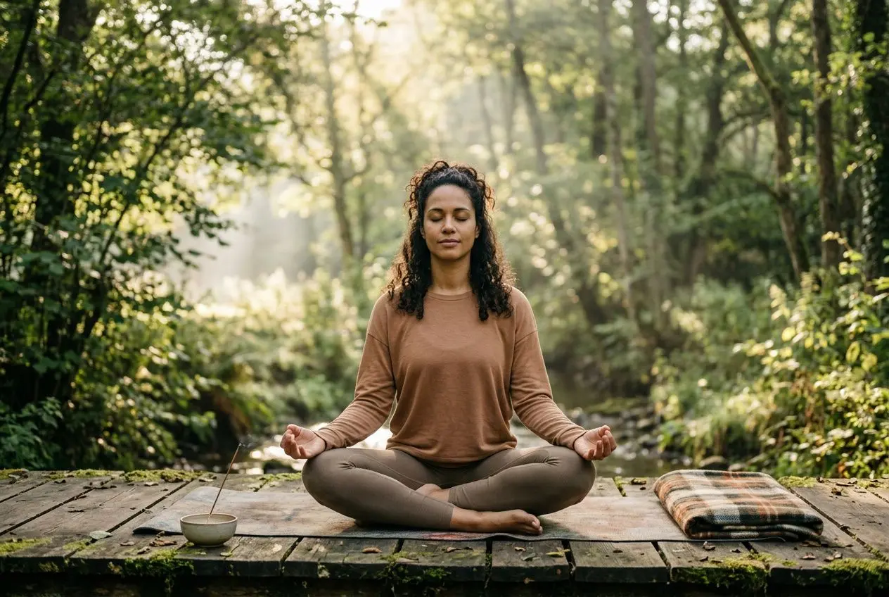 Femme méditant en pleine nature, assise en lotus sur une plateforme en bois au bord de la forêt, pratique de la pleine conscience pour comment se reconnecter à soi-même.