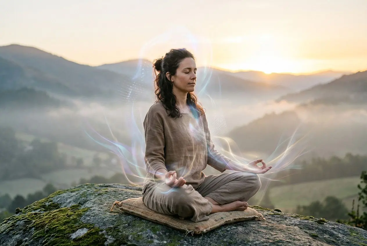 Femme en méditation sur une falaise au lever du soleil, posture de lotus, énergie lumineuse autour d’elle illustrant la méditation vibratoire.