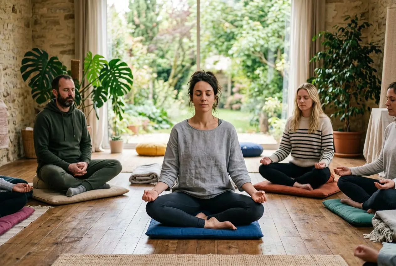 Groupe en méditation pour débutants dans une pièce lumineuse, assis en cercle sur des tapis, posture de méditation centrale. Méditation pour débutants.
