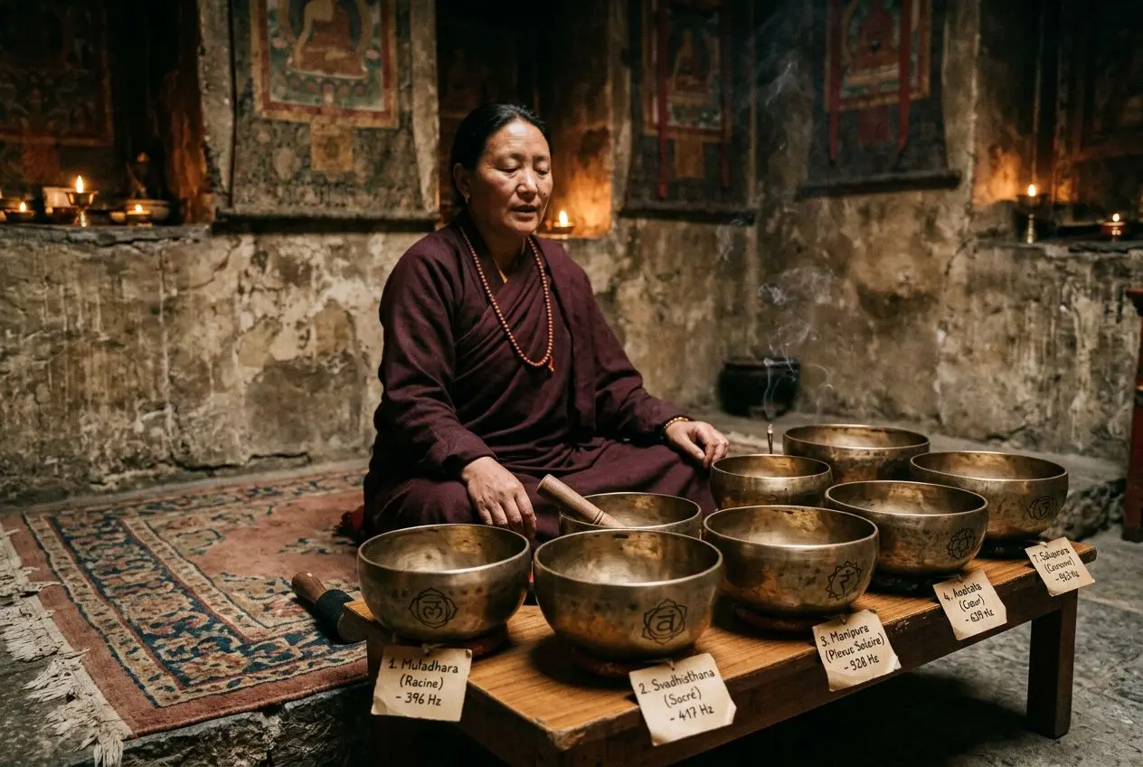 Guérisseuse méditant près des bols tibétains, dans une pièce sombre, entourée de bougies et de tapis; rythme des fréquences sacrées.
