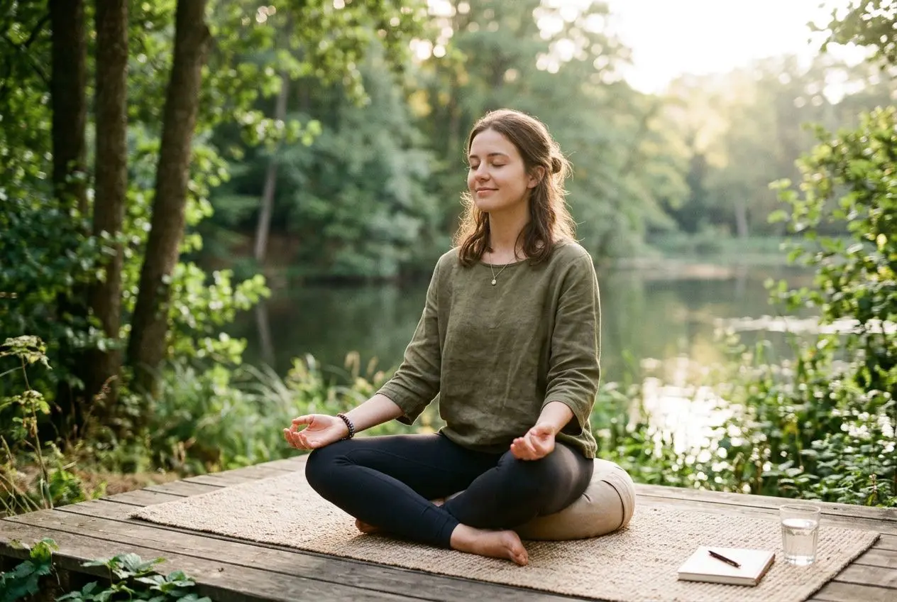 Jeune femme méditant en position lotus sur une plateforme en bois près d’un lac, entourée d’arbres, pratique de la méditation pour débutants.