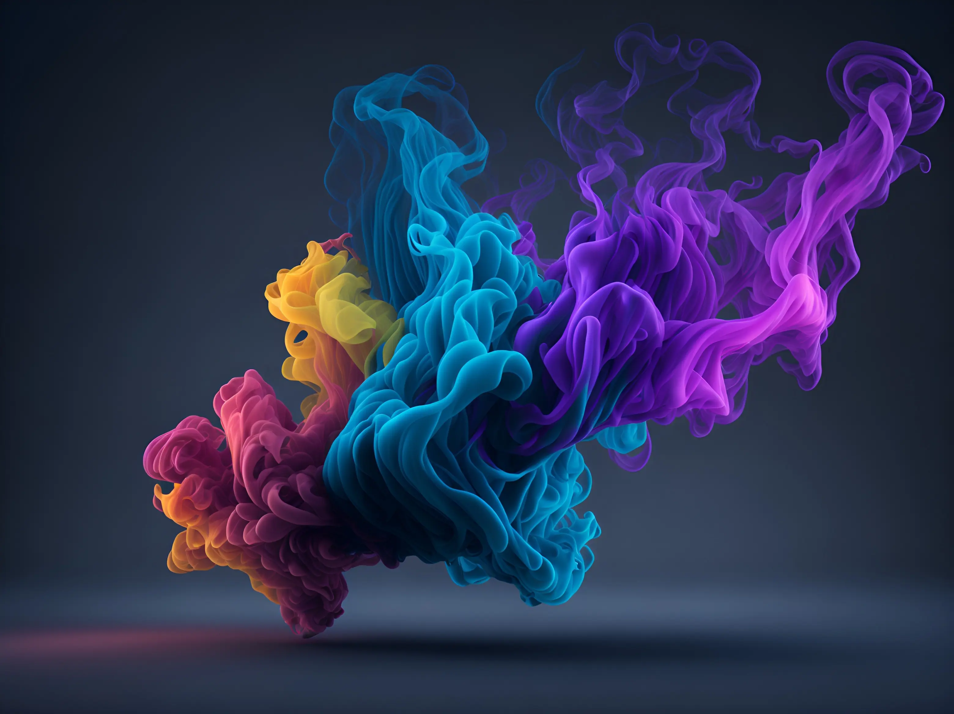 Nuage de fumée colorée en vagues violettes, bleues, vertes et jaunes flotant sur fond sombre, évoquant énergie et transformation.