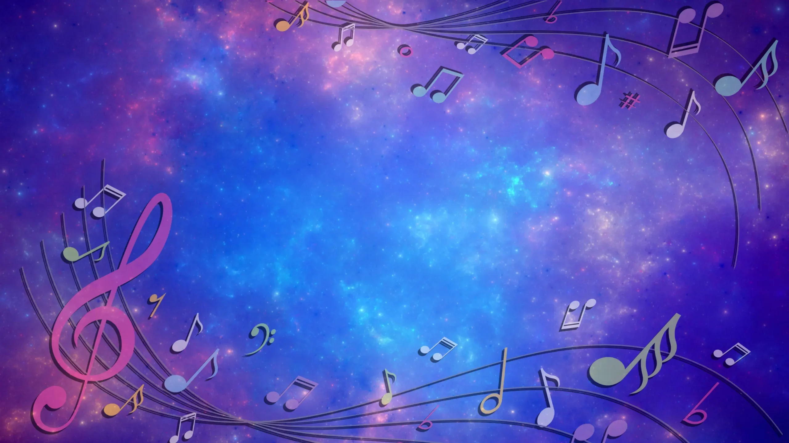 Partitions musicales flottant dans un fond bleu et violet, avec une grande clé de sol rose et des notes colorées autour.