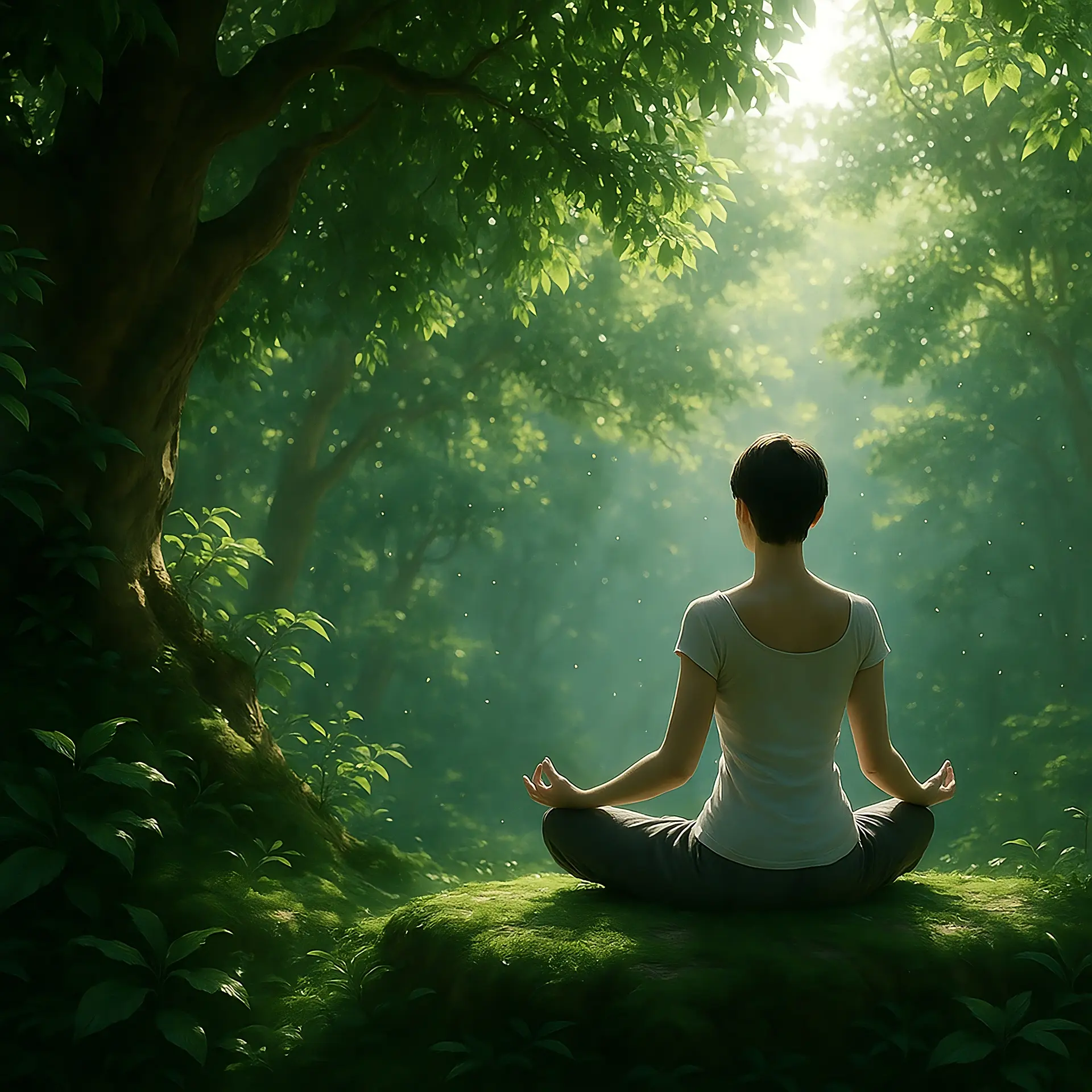 Personne assise en lotus dans une forêt lumineuse, méditation paisible entourée de verdure et de soleil filtrant à travers les arbres.