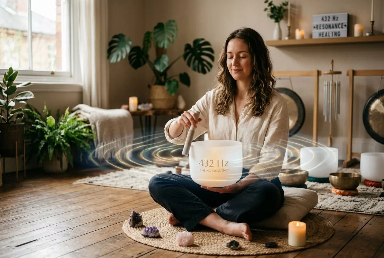 Personne assise en lotus jouant sur un bol chantant à 432 Hz, ambiance zen avec bougies et plantes d’intérieur. musique 432 hz bienfaits ressentie par le corps et l’esprit.