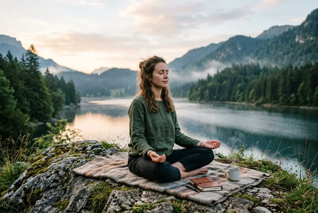 Personne assise en méditation sur une couverture au bord d’un lac entouré de montagnes, pratique de la pleine conscience pour se reconnecter à soi-même.