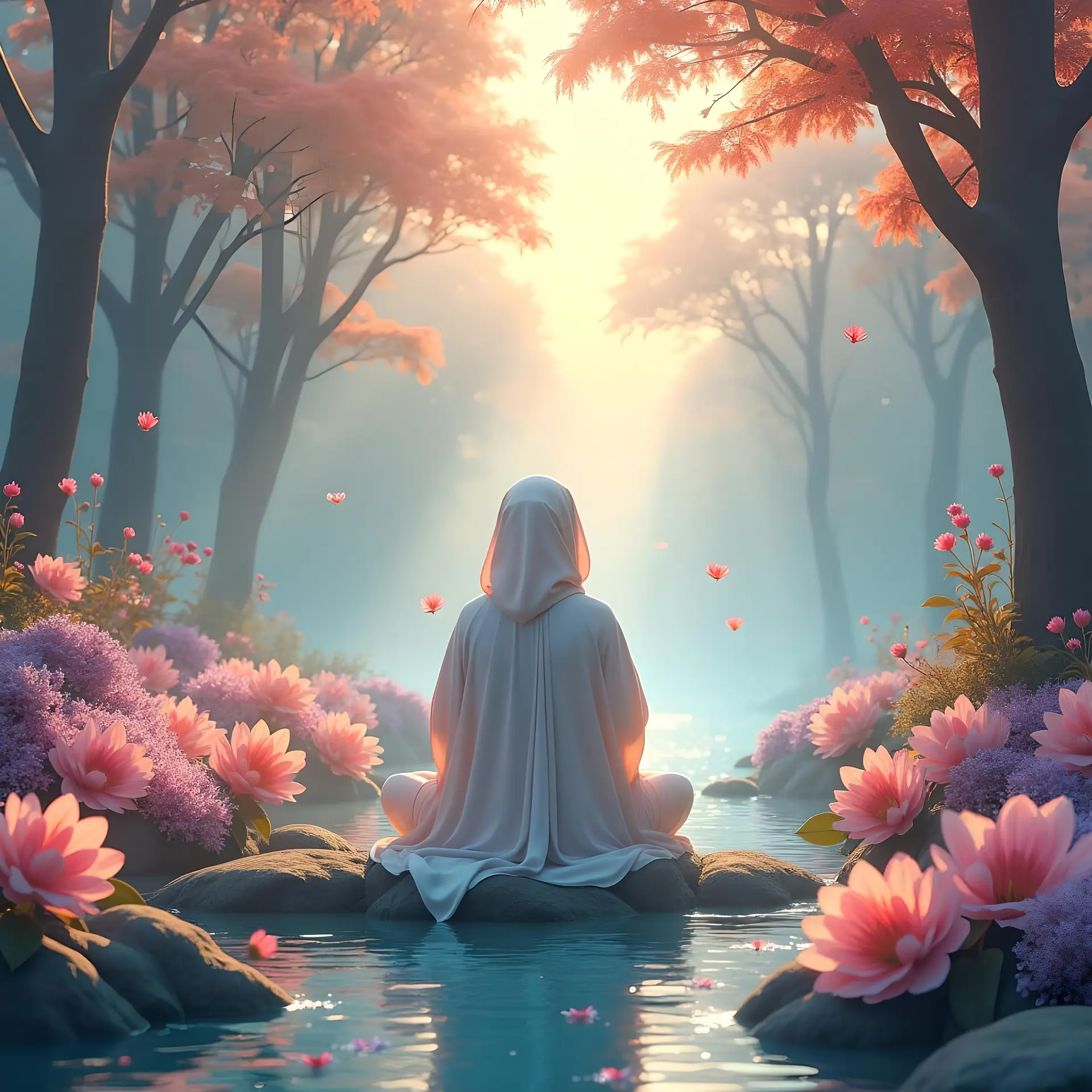 Personne assise en méditation sur une pierre au milieu d’un cours d’eau, entourée de fleurs roses et d’un jardin féerique, lumière dorée filtrant entre les arbres.