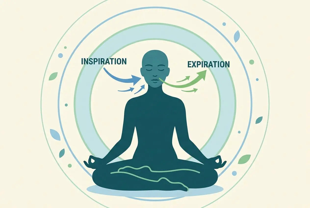 Personne en posture de méditation au centre, cercles concentriques entourant le corps, flèches indiquant inspiration et expiration.