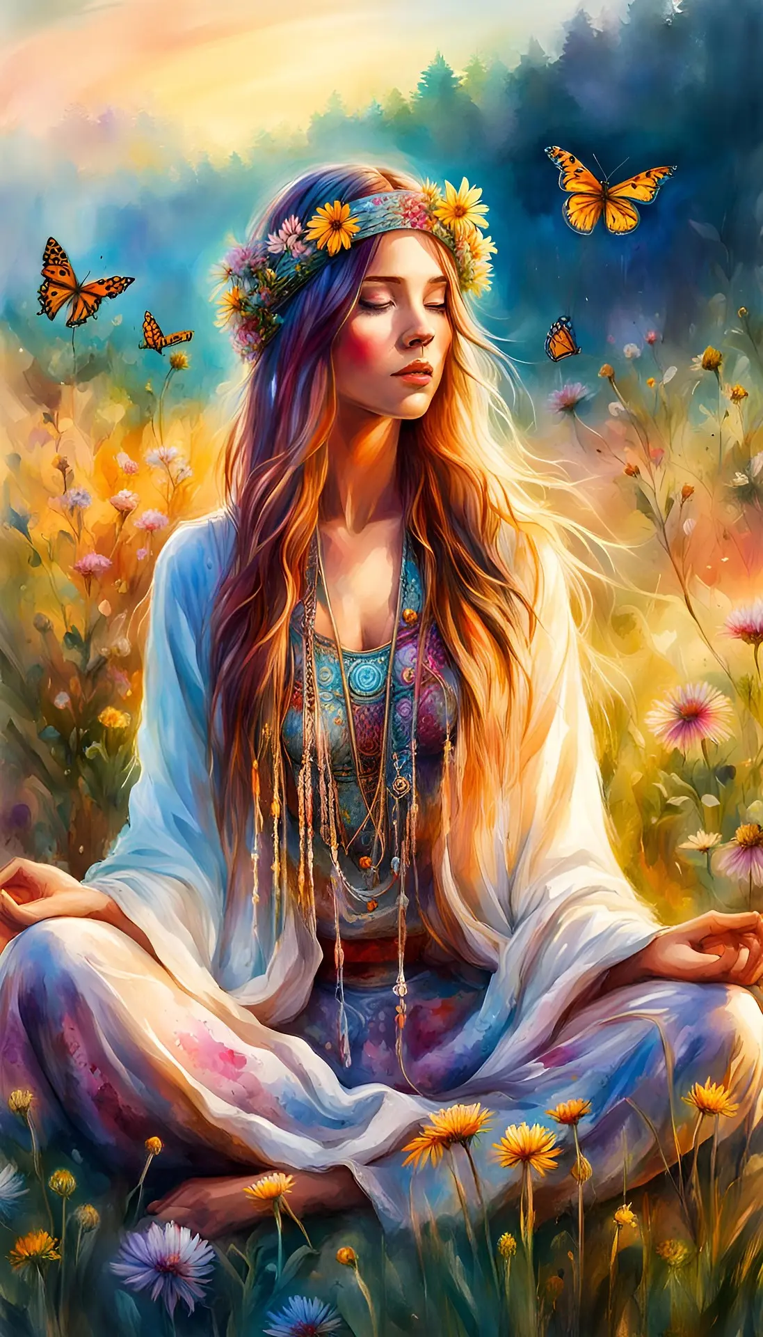 Portrait d’une femme méditant en nature, couronne de fleurs, palette pastel et papillons autour.