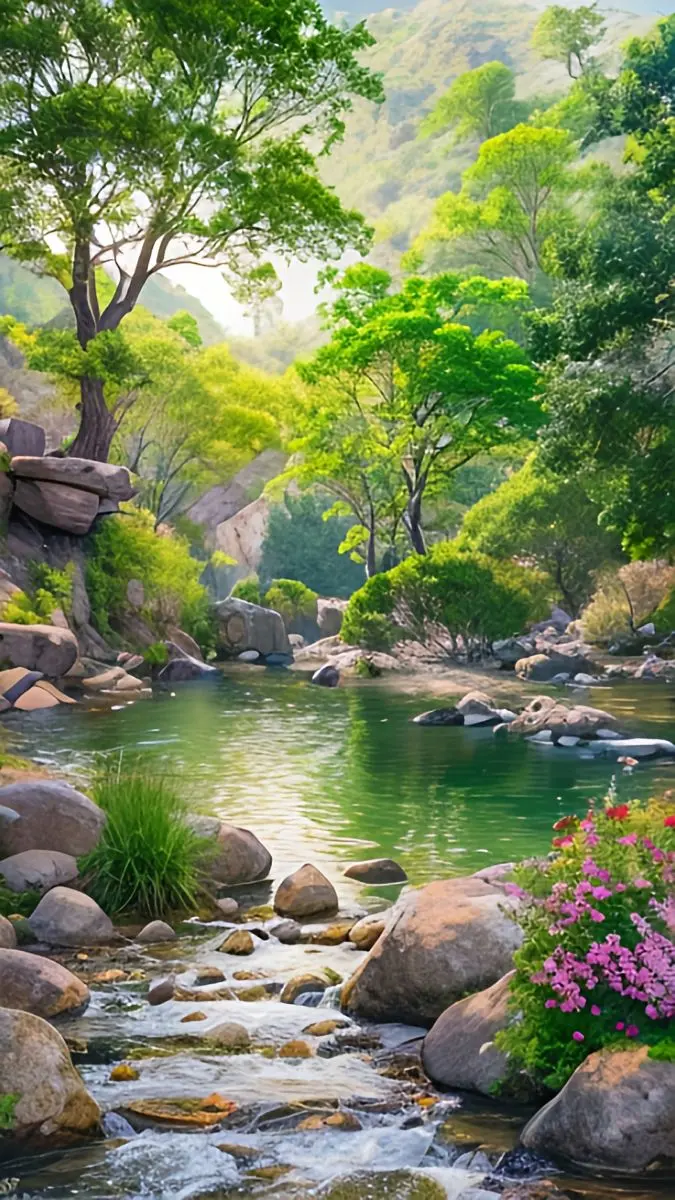 Rivière tranquille entourée de rochers et de verdure, avec arbres hauts et fleurs roses au bord.