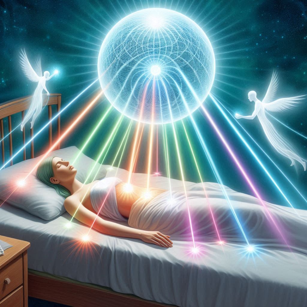 Transcendantal notion d’un soin énergétique: une femme allongée sur le lit, entourée de rayons lumineux multicolores et d’ailes d’anges dans un cadre spirituel.