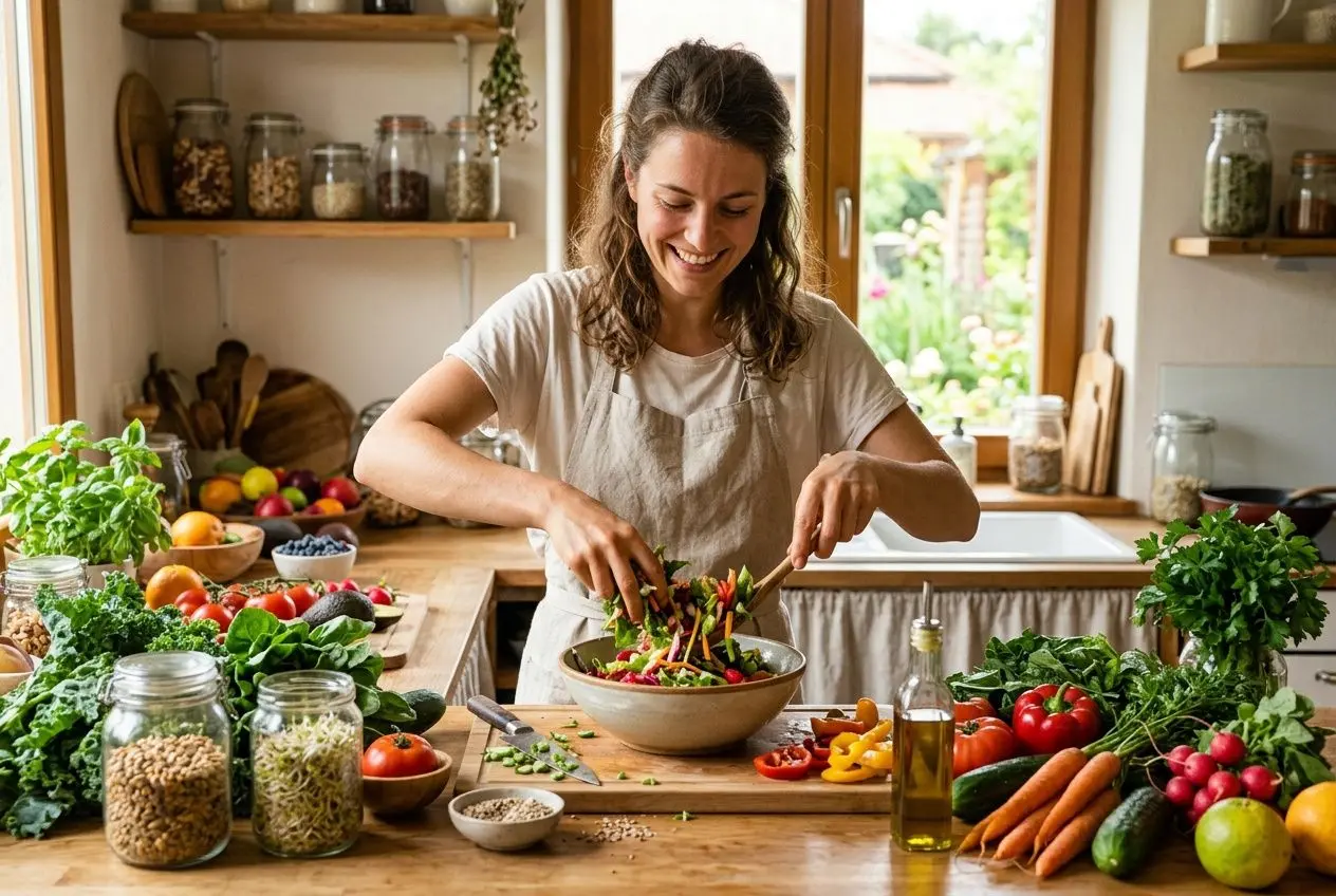 Femme en cuisine préparant une salade colorée, entourée de légumes frais et bocaux d’ingrédients, inspirant énergie et bien-être. Comment augmenter son énergie vibratoire.