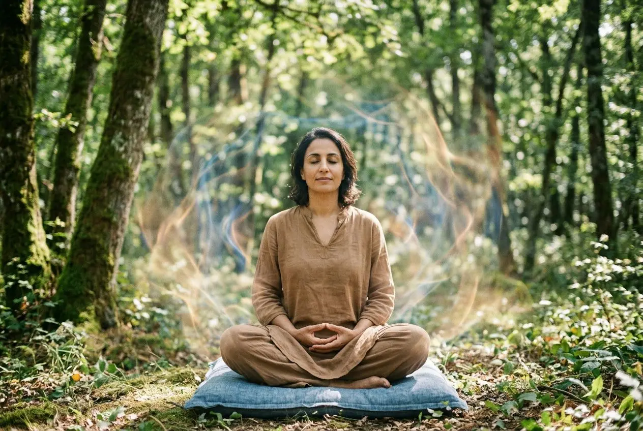 Femme méditant assise en position lotus sur un coussin dans une forêt, énergie lumineuse entourant son corps, ambiance calme et méditation vibratoire et énergie.