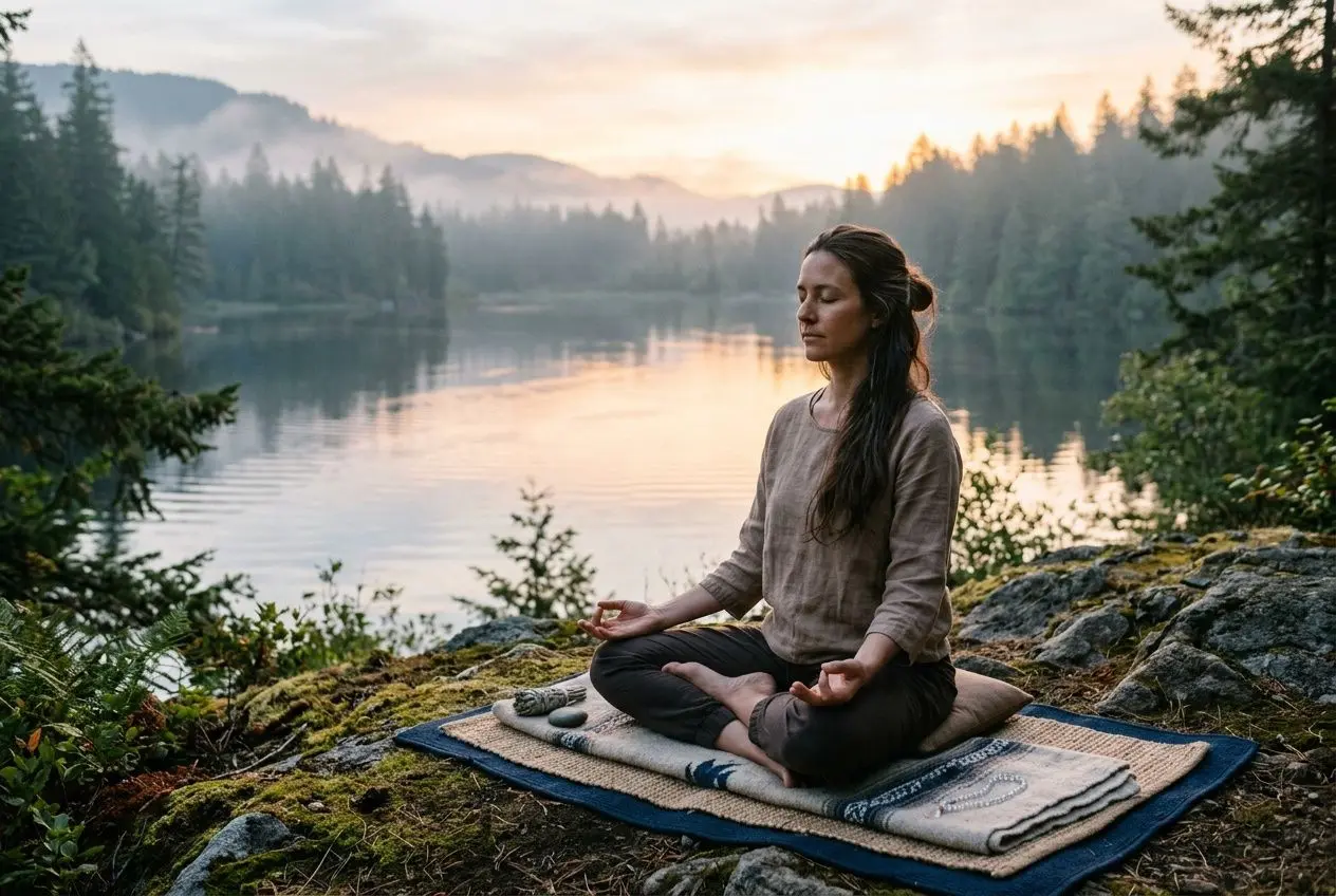 Femme méditant en position du lotus au bord d’un lac forestier au lever du soleil, pratique de reconnexion spirituelle près de la nature.