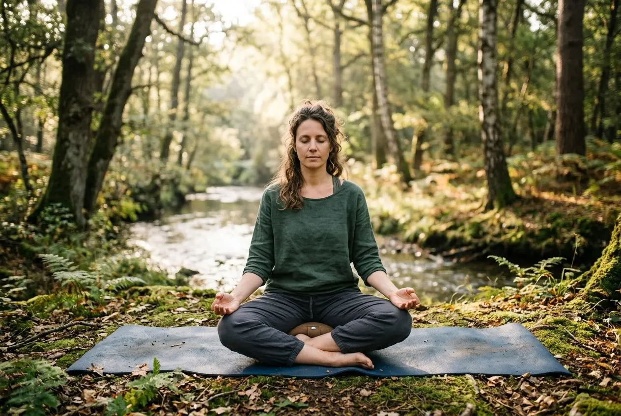 Femme méditant en position du lotus sur un tapis dans une forêt calme, pratiquant la reconnexion spirituelle près d’un cours d’eau.