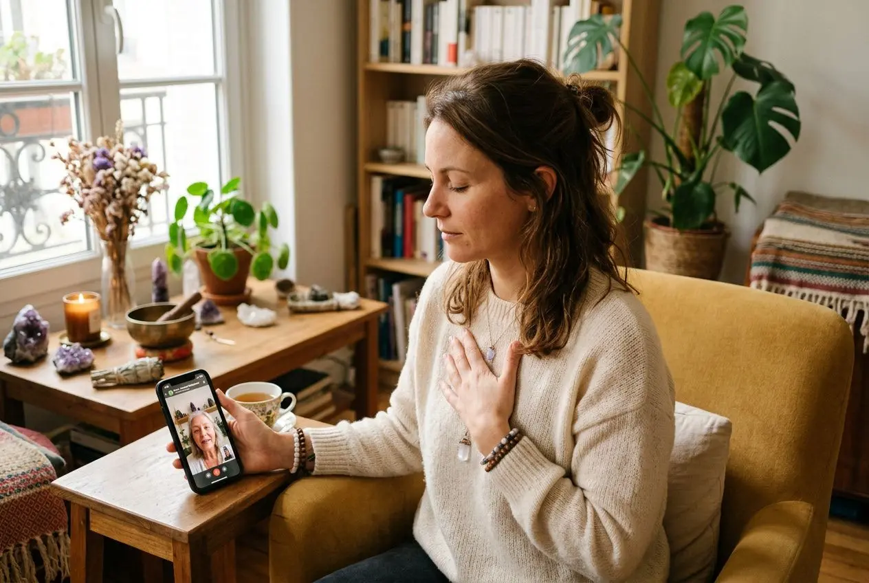 Une femme en séance à distance, tenue sobre, parle via videoconférence sur son smartphone tout en se tenant la poitrine, dans un salon chaleureux avec livres et plantes. intégration du mot-clé: comment se passe un soin énergétique à distance dans la description naturelle.