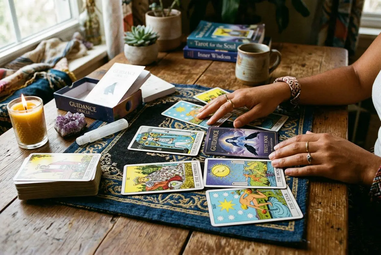 Guidance intuitive oracle avec Sophie Latour : tirage de cartes sur une table, mains en suppose d'interpréter les cartes, ambiance chaleureuse et lumineuse. Pourquoi prendre rendez-vous pour une guidance intuitive oracle avec sophie latour.