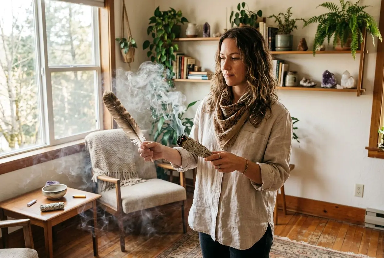 Personne effectuant un nettoyage énergétique des lieux avec fumigation et plume, dans un intérieur lumineux rempli de plantes et d’objets zen.
