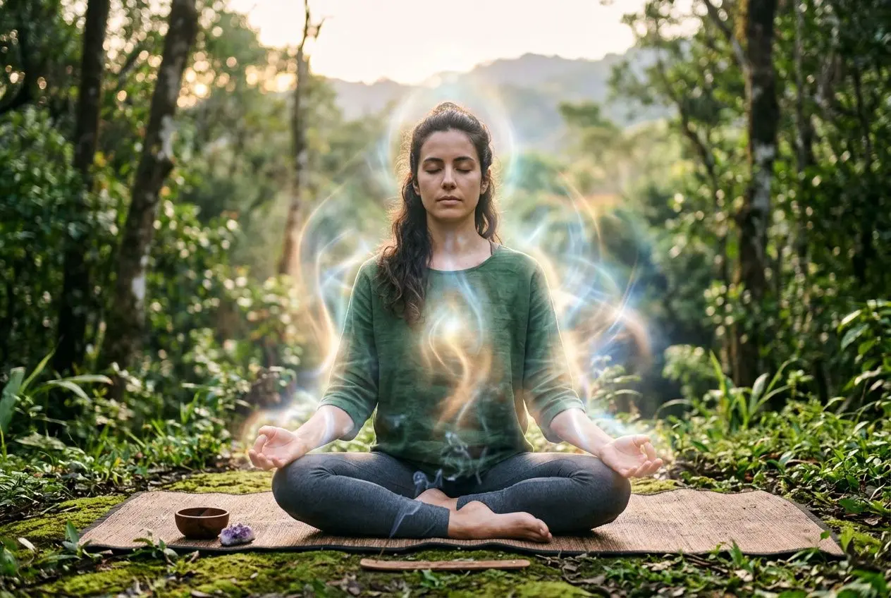 Personne en méditation assise en tailleur sur un tapis au milieu d'une forêt, avec des auréoles lumineuses autour du corps, symbolisant l’énergie vibratoire. Incorporation naturelle de "comment augmenter son énergie vibratoire" dans la description.