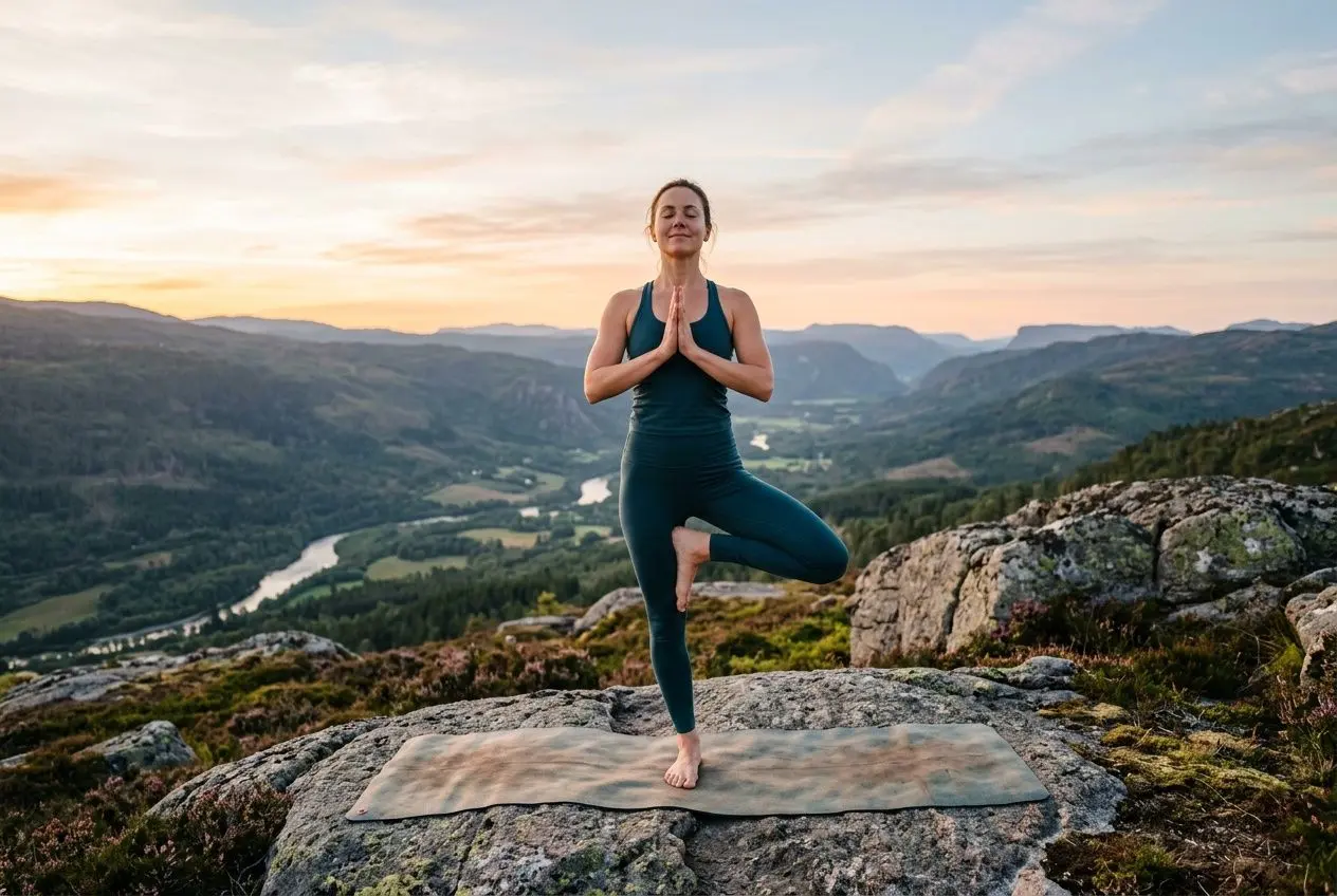 Personne en position d’arbre sur une montagne au lever du soleil, pratique de yoga sur un tapis, paysage vallonné et calme. Intègre subtilement le thème comment retrouver l'équilibre intérieur.