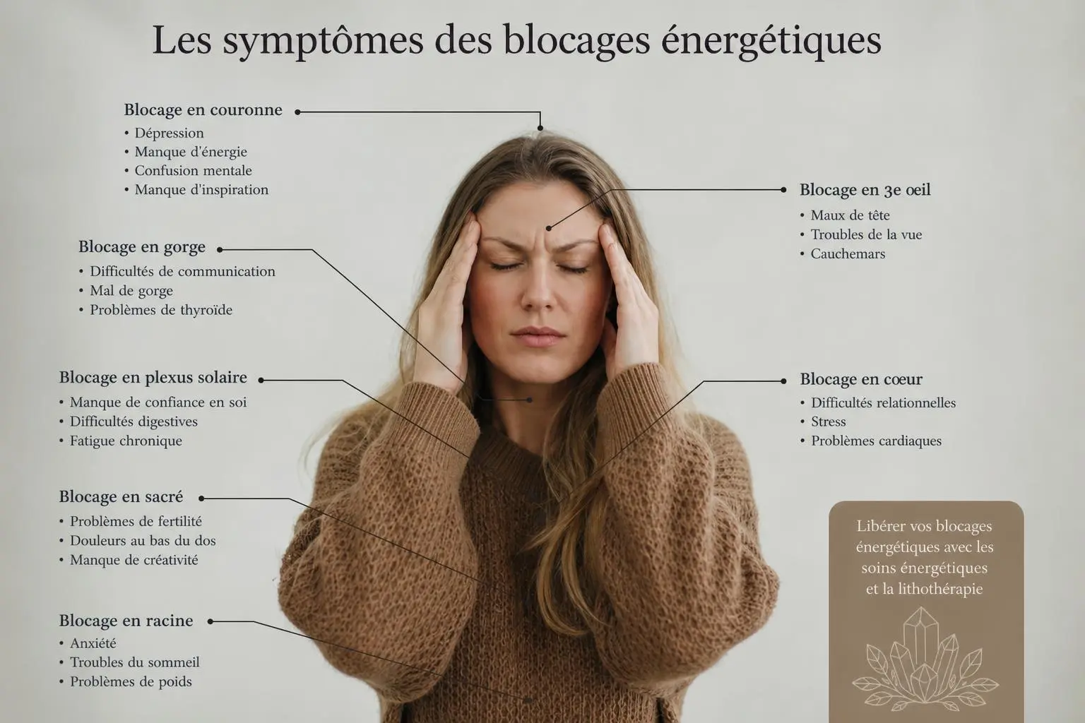 Les signes des blocages énergétiques sur une femme souffrant de douleurs et tête serrée, avec des zones indiquées (couronne, gorge, plexus solaire, cœur, sacré, racine, œil) et des risques de fatigue et dépression. Blocage énergétique symptômes, douleur et stress visibles sur l’image.