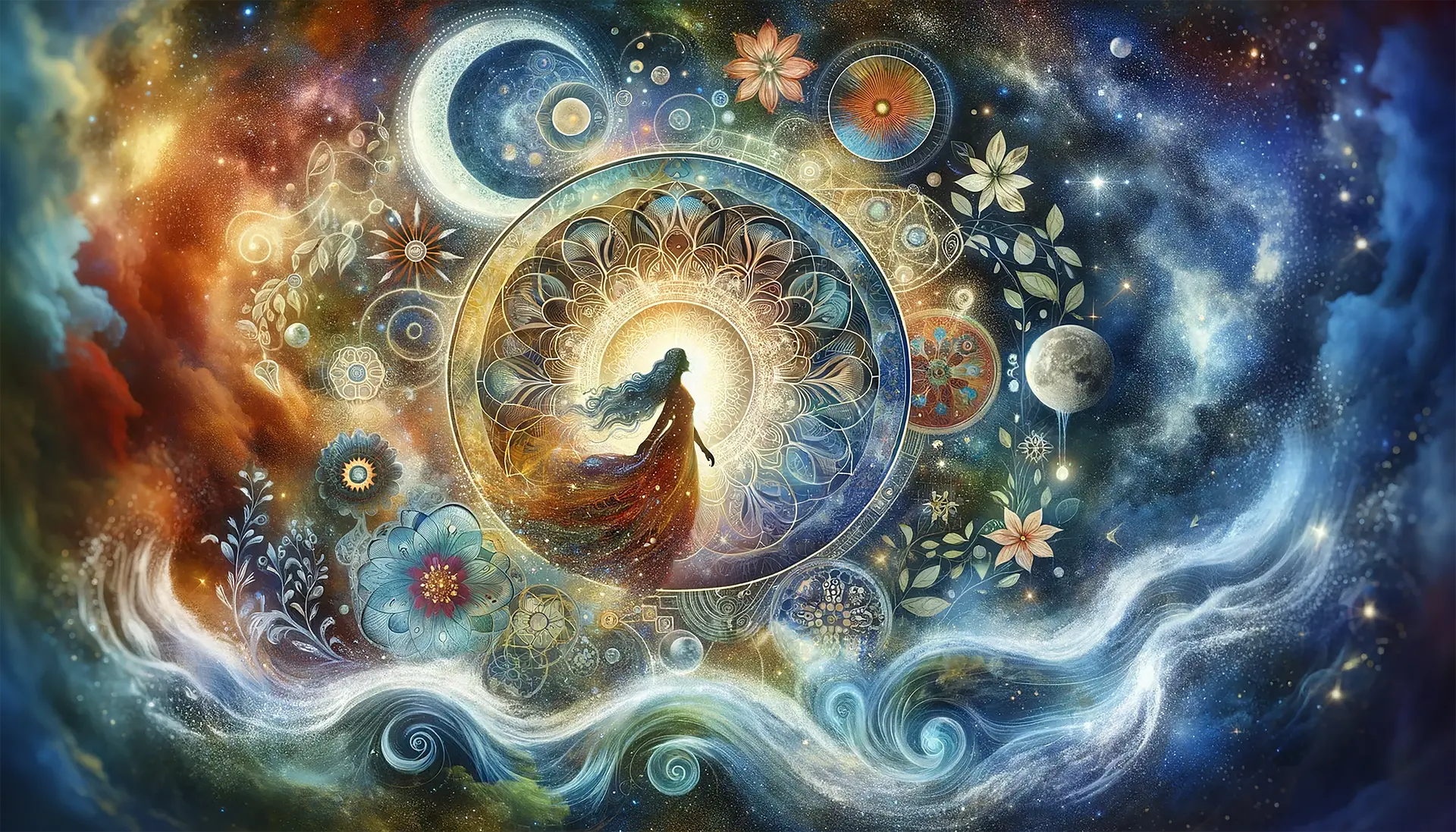Silhouette féminine assise au centre, entourée d mandala et motifs circulaires lumineux dans un cosmos coloré, fleurs et spirales flottant autour. parfaites énergies et connexion intérieure.