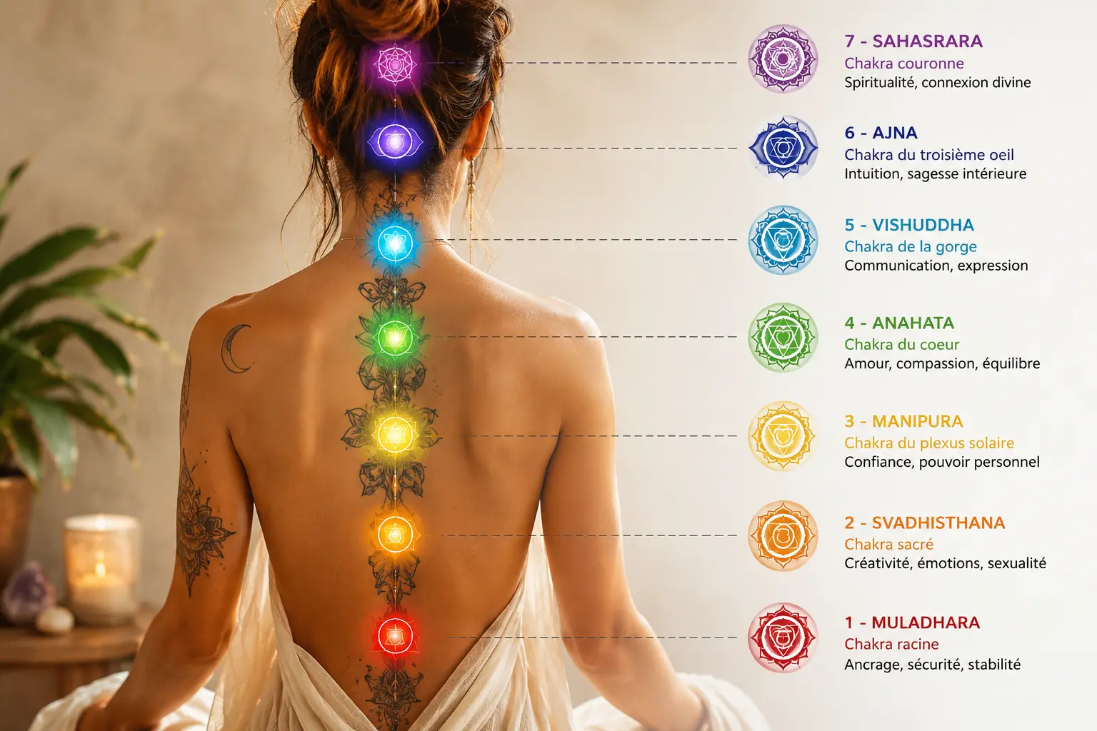 Colonne des chakras colorés sur le dos d'une personne, montée en spirale avec chaque chakra numéroté et étiqueté, de la racine au sommet.