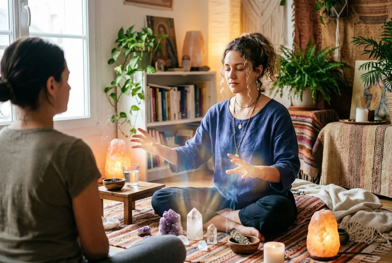 Consultante en énergies médiumniques utilisant des cristaux et des bougies pour discuter du taux vibratoire d'un médium avec une cliente dans un espace zen et chaleureux.
