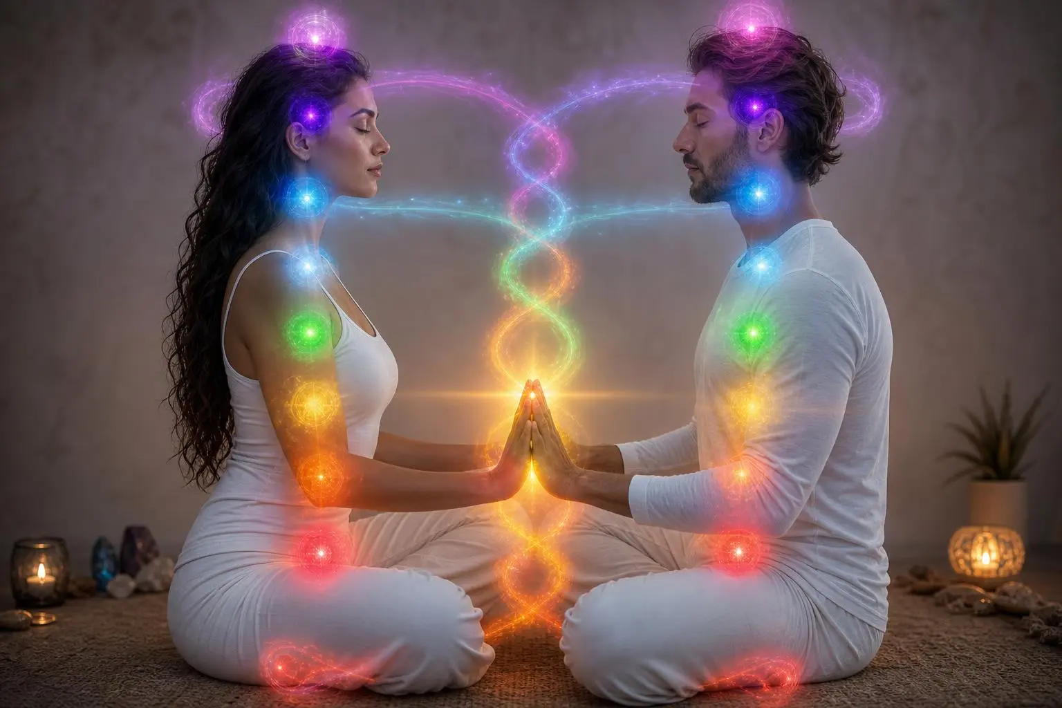 Deux personnes assises face à face en posture de méditation, mains jointes, entourées d’aura colorée symbolisant l’énergie vibratoire entre deux personnes.