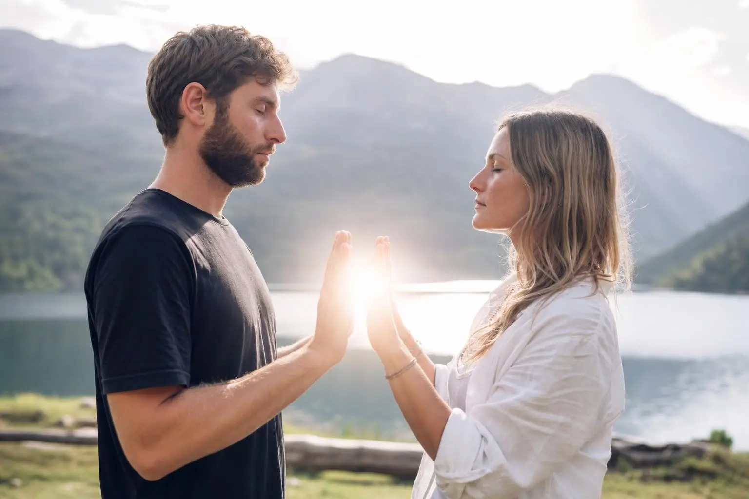Énergie vibratoire entre deux personnes: un homme et une femme se font face, mains jointes près d’une lumière douce entre elles, devant un lac et montagnes.