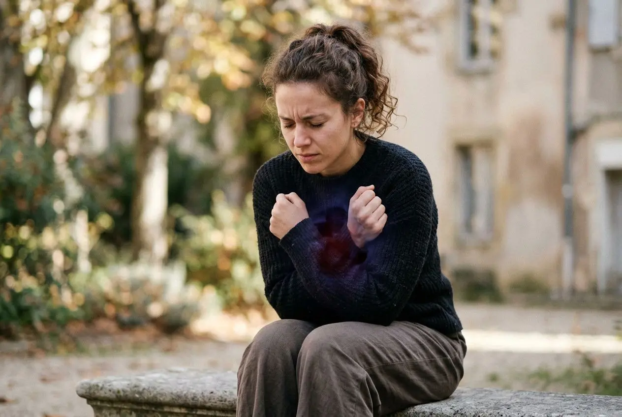 Femme assise sur un banc, visage inquiet, pleins poings serrés contre la poitrine, signe de douleur émotionnelle et de blocage d’énergie.