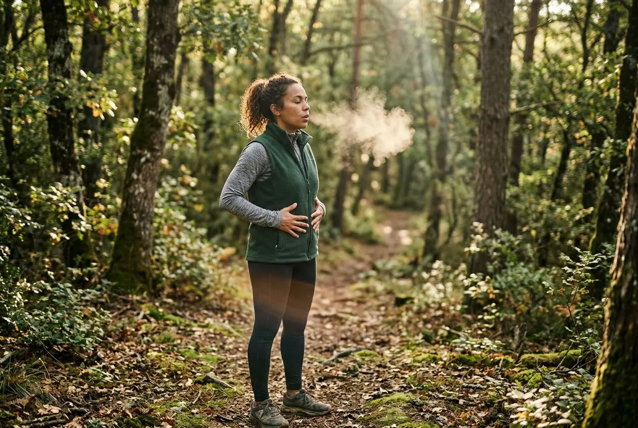 Femme dans une forêt, mains sur le ventre, respirant profondément pour comment libérer l'énergie bloquée et se détendre.