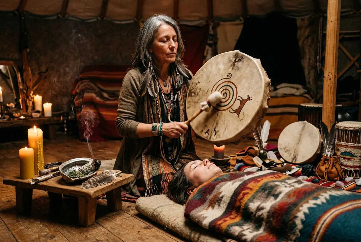 Homme ou femme chamaniste autour d’un soin énergétique, tambour près d’une personne allongée et enveloppée dans une couverture, ambiance chaleureuse et candles. soin chamanique c'est quoi.