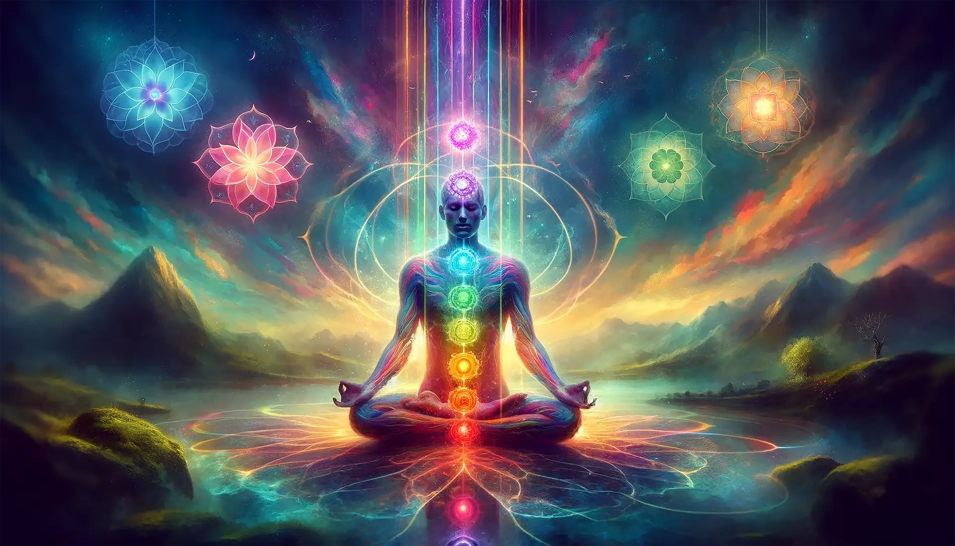 Perso meditant en posture lotus au centre, chakras colorés alignés verticalement, énergies lumineuses entourant le corps dans un paysage onirique.