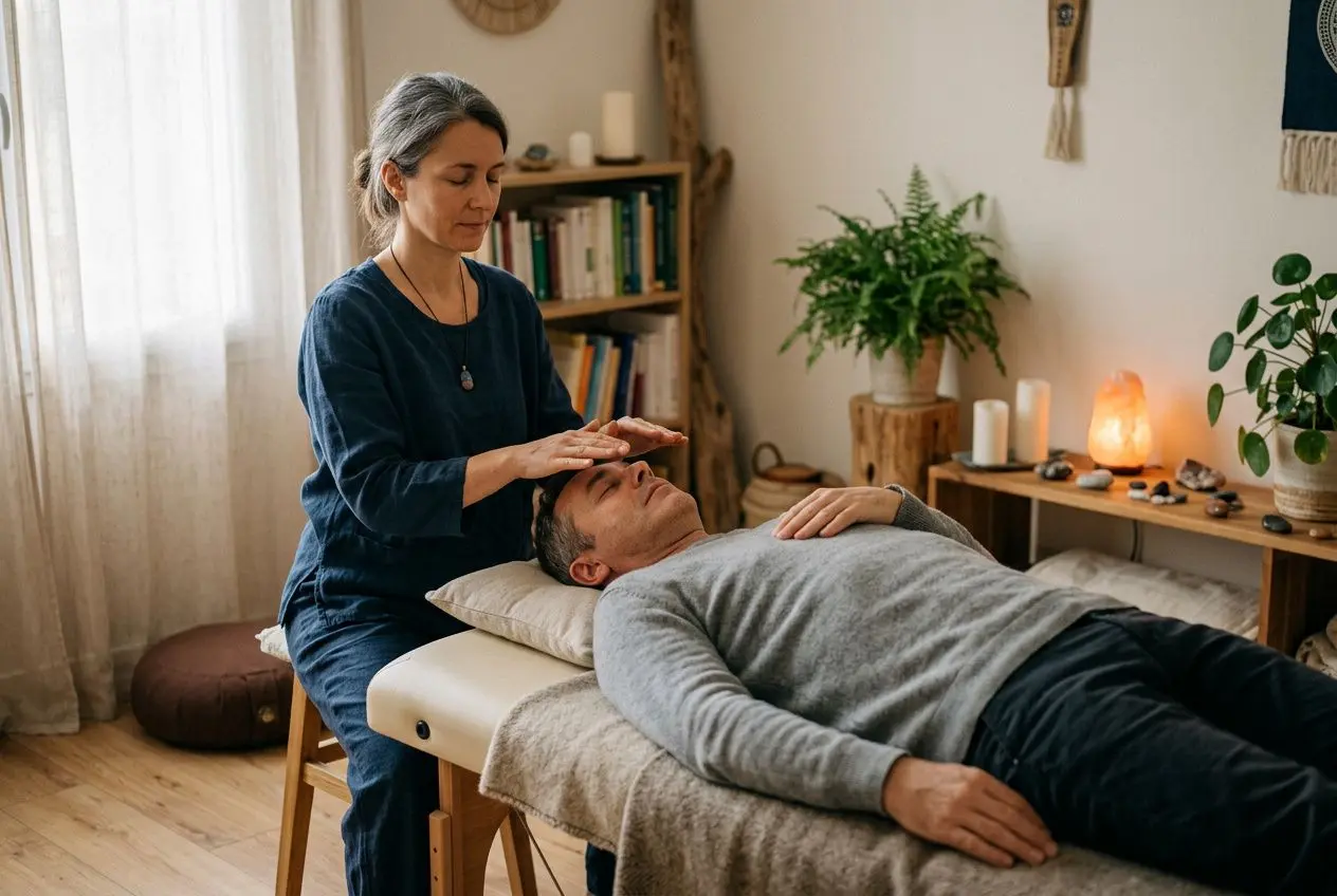 Séance de thérapie énergétique: une praticienne dirige une énergie au-dessus du patient allongé sur une table, ambiance zen et lumineuse. thérapie énergétique c'est quoi.