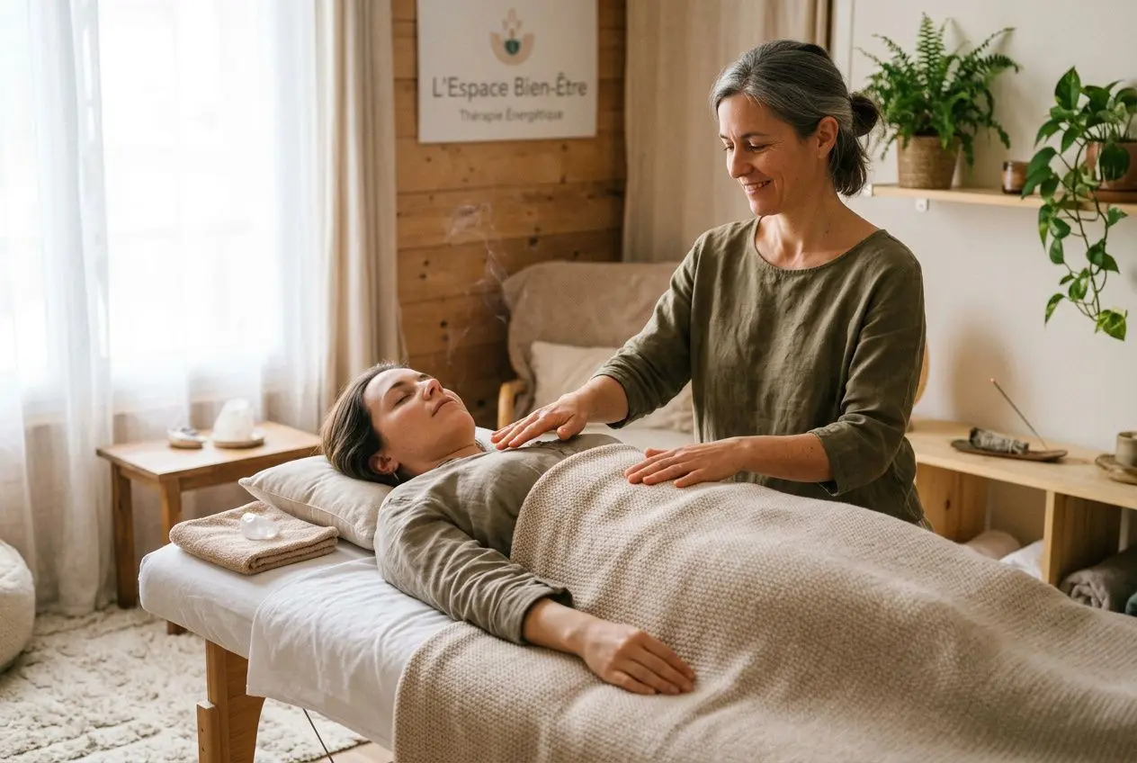 Séance de thérapie énergétique: une praticienne pose les mains sur le ventre d’une cliente allongée, dans une salle serene et chaleureuse.