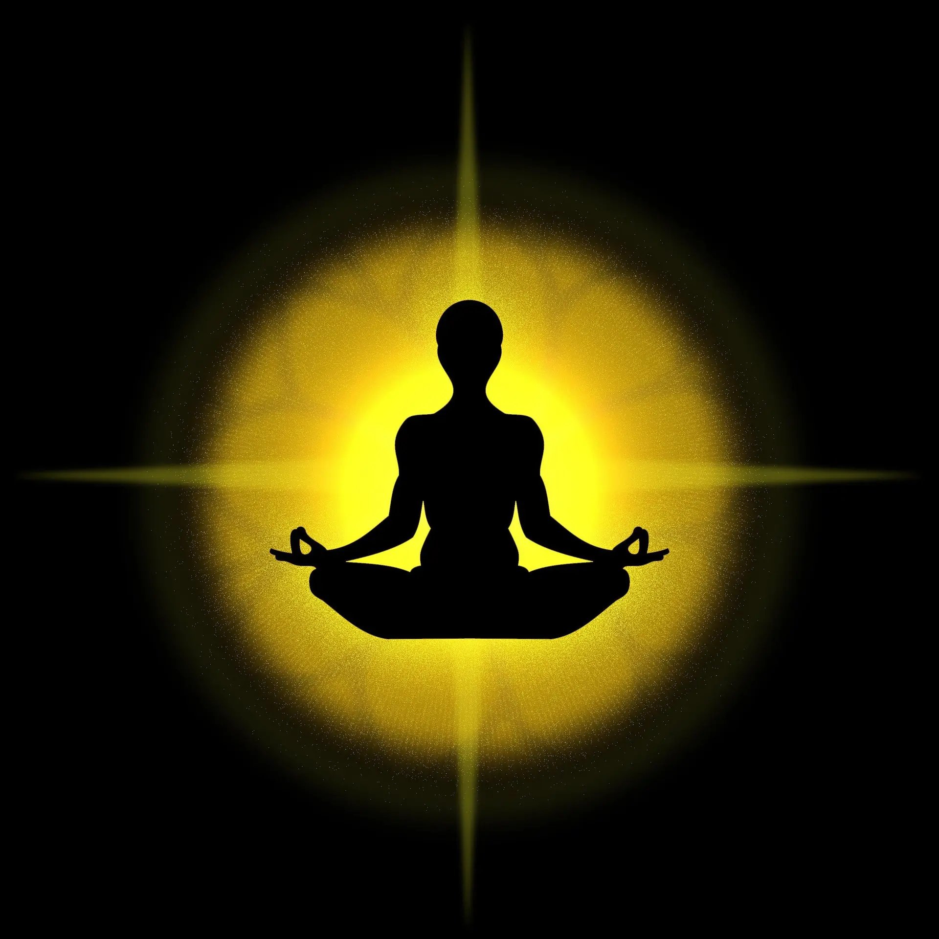 Silhouette d'un personne en lotus méditative, entourée d'une aura jaune lumineuse sur fond noir.