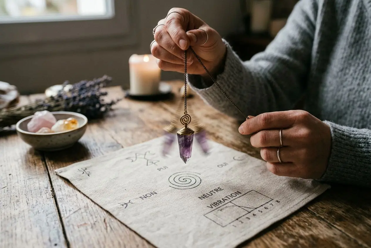 Taux vibratoire d'un médium : une pendule et améthyste suspendues au-dessus d’un papier d’évaluation vibratoire, ambiance spirituelle.