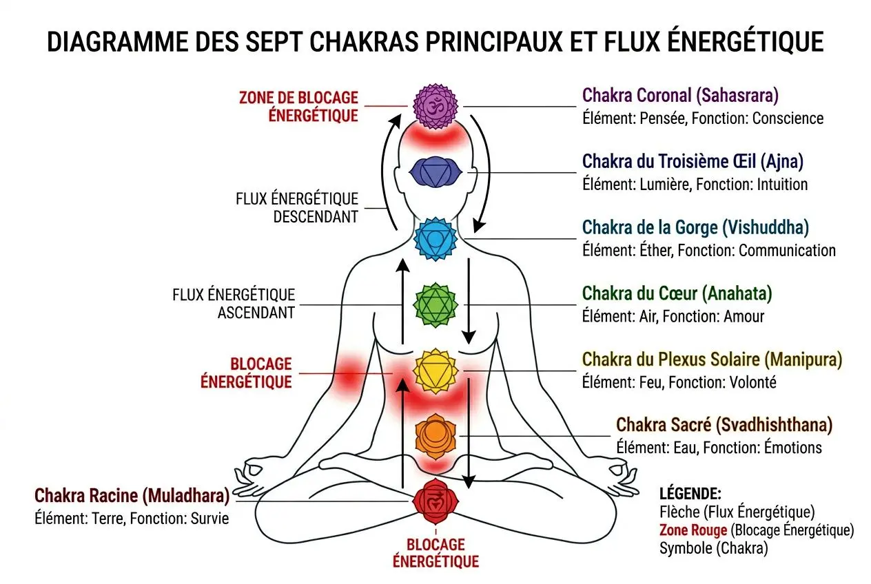 Diagramme des sept chakras principaux et flux énergétiques, aspect chakra et circulation énergétique