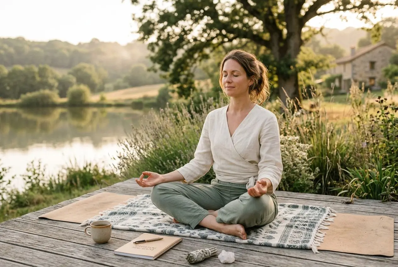 Femme méditant en plein air sur une terrasse, près d’un lac, pratique du yoga ou de la méditation, ambiance calme et naturelle, entourée de verdure. Bien-être holistique et équilibre intérieur.