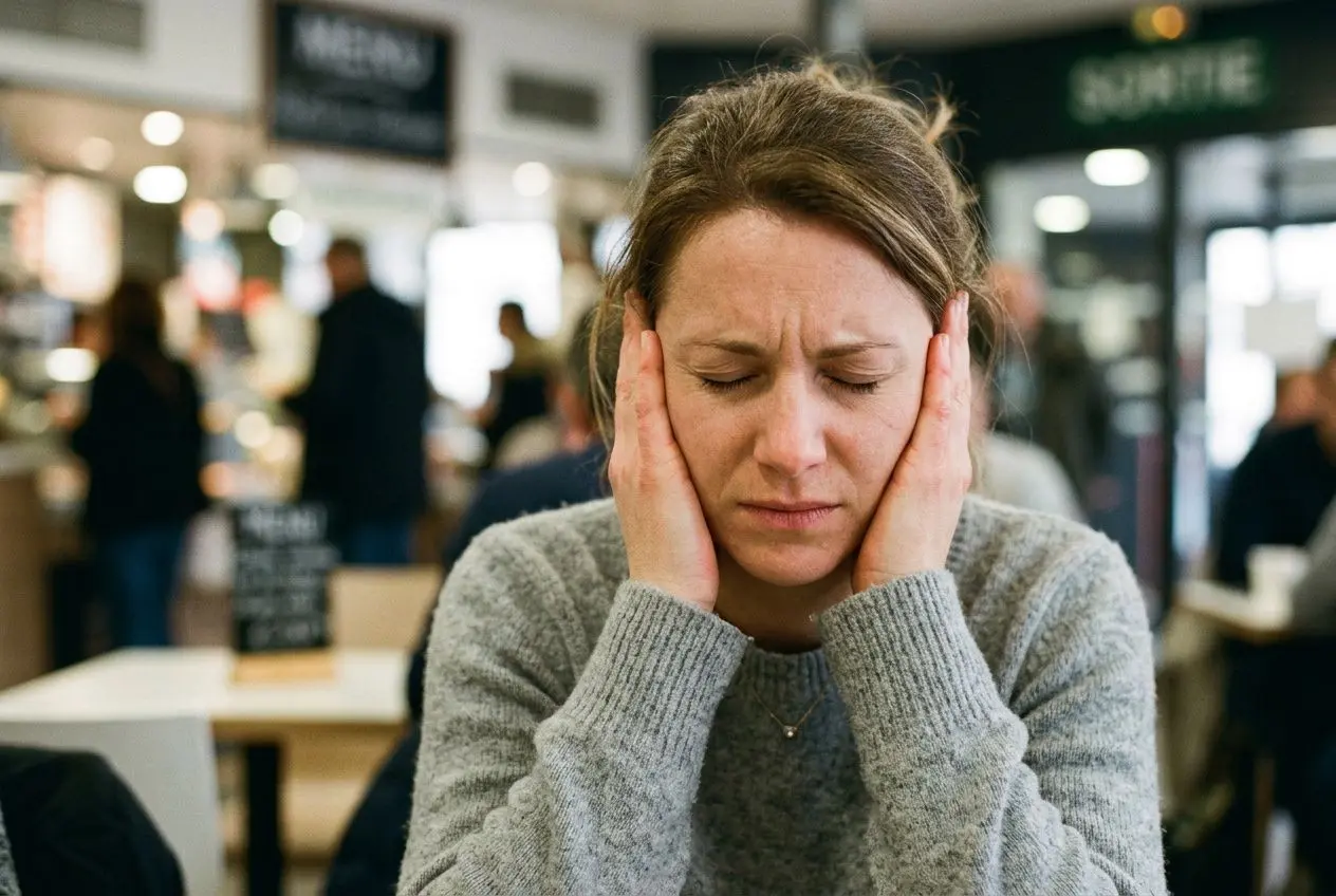 Femme se tenant les oreilles, visage fermé, dans un environnement urbain bruyant. Hypersensibilité symptômes adulte, signes émotionnels et sensoriels.
